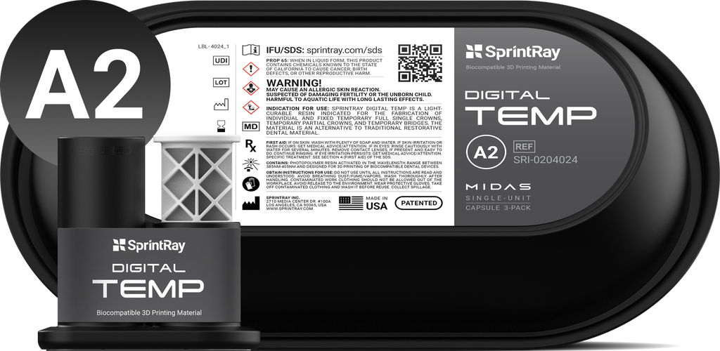 Resina ceramic crown temporal A2 para Sprintray Midas
